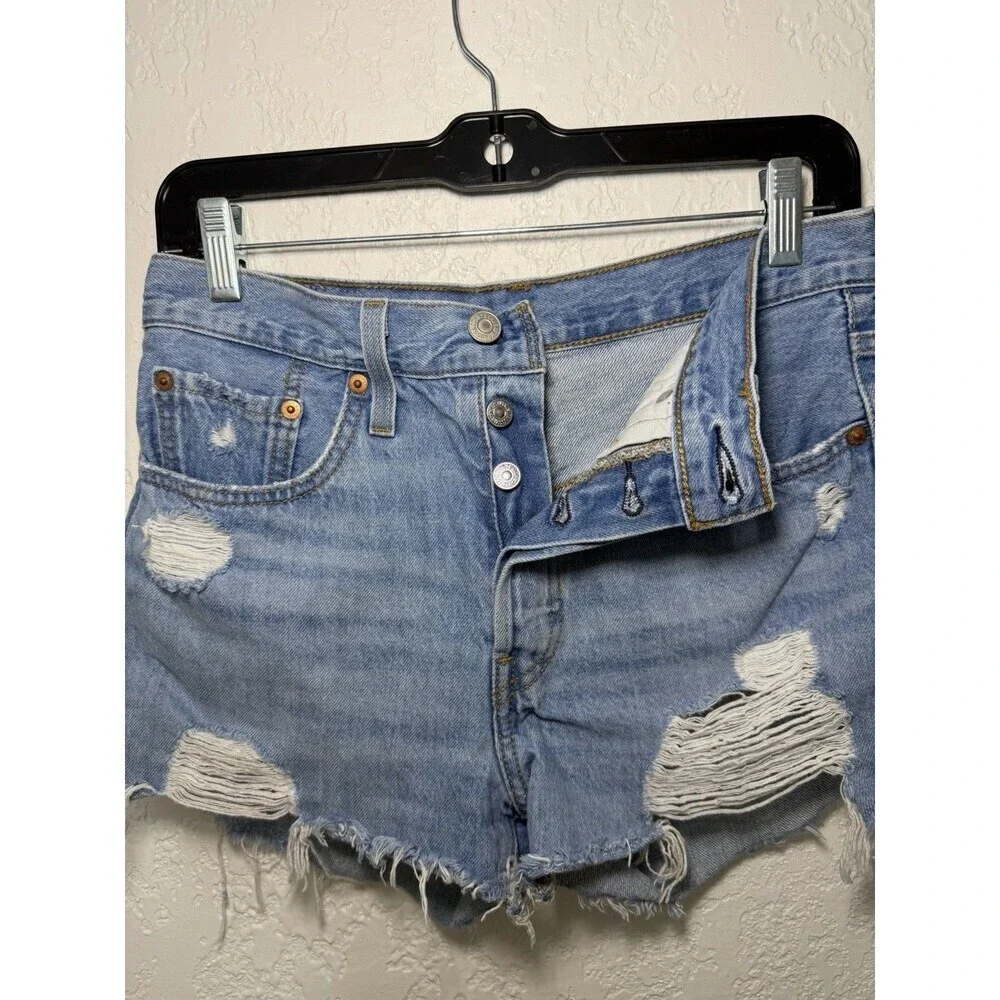 Levi's 501 Distressed Cut Off Denim Shorts Button Fly Blue Size 26